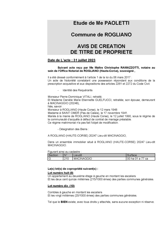 Avis de création de titre de propriété - Commune de Ruglianu (Cismonte)