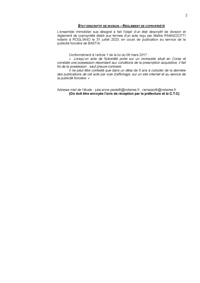 Avis de création de titre de propriété - Commune de Ruglianu (Cismonte)