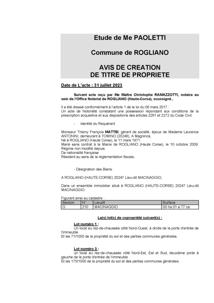 Avis de création de titre de propriété - Commune de Ruglianu (Cismonte)