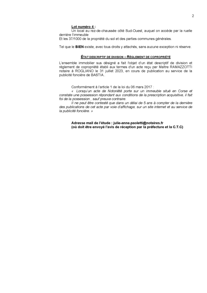 Avis de création de titre de propriété - Commune de Ruglianu (Cismonte)