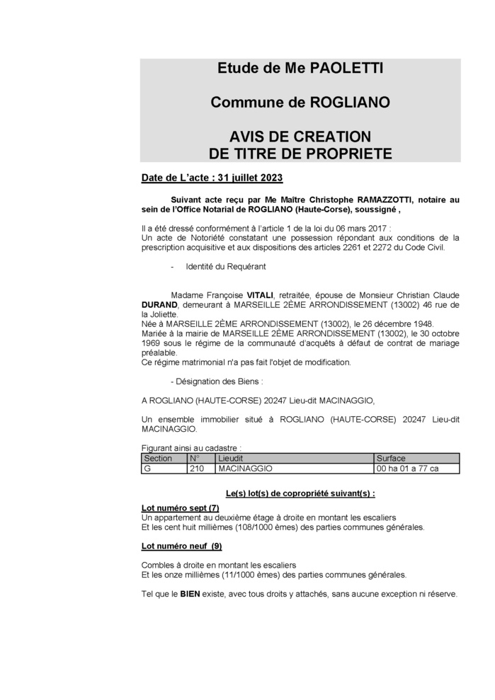 Avis de création de titre de propriété - Commune de Ruglianu (Cismonte)