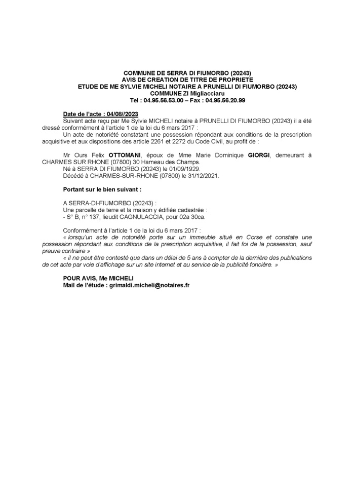Avis de création de titre de propriété - Commune de Serra di Fiumorbu (Cismonte)