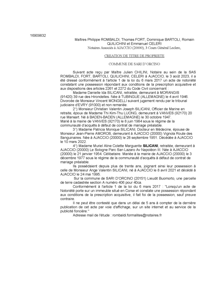 Avis de création de titre de propriété - Commune de Sari d'Urcinu (Pumonti)