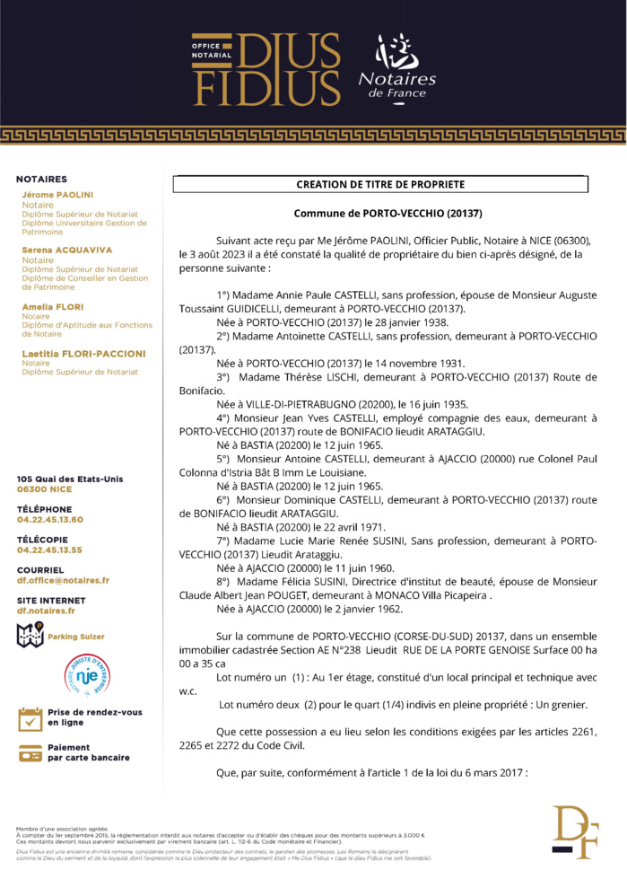 Avis de création de titre de propriété - Commune de Portivechju (Pumonti)