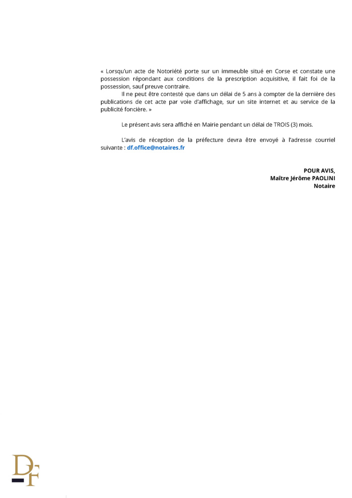Avis de création de titre de propriété - Commune de Portivechju (Pumonti)