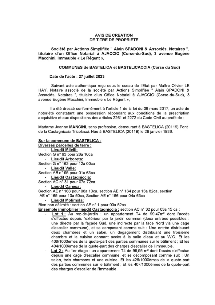 Avis de création de titre de propriété - Communes de Bastelica et A Bastilicaccia (Pumonti)