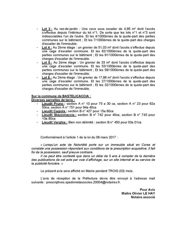 Avis de création de titre de propriété - Communes de Bastelica et A Bastilicaccia (Pumonti)