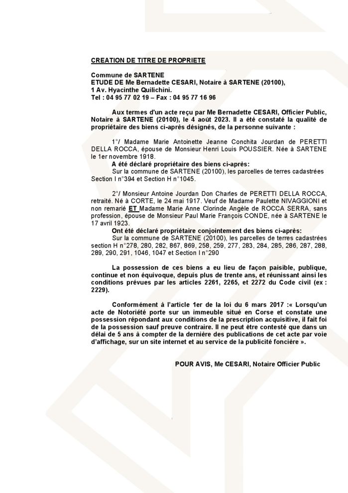 Avis de création de titre de propriété - Commune de Sartè (Pumonti)