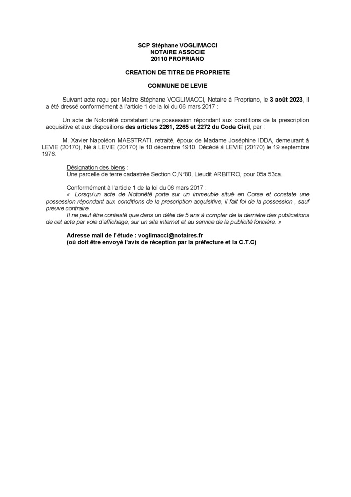 Avis de création de titre de propriété - Commune de Livia (Pumonti)