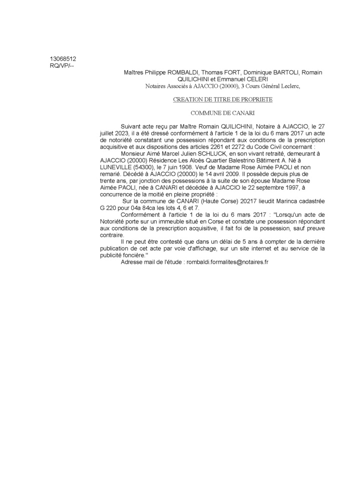 Avis de création de titre de propriété - Commune de Canari (Cismonte)