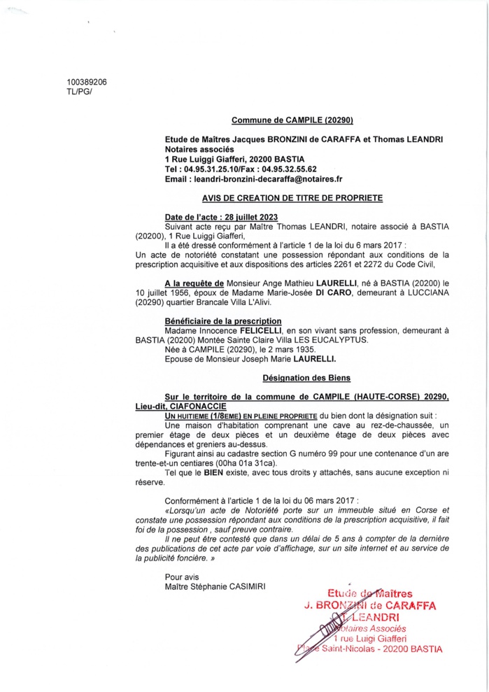 Avis de création de titre de propriété - Commune de Campile (Cismonte)