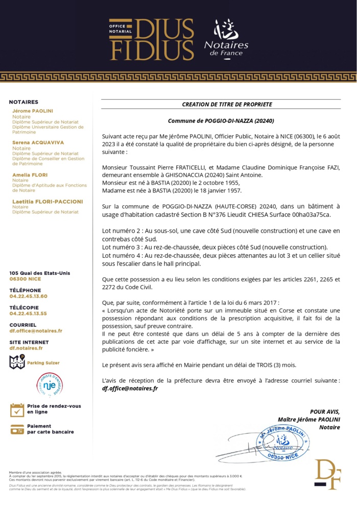Avis de création de titre de propriété - Commune d'U Poghju di Nazza (Cismonte)