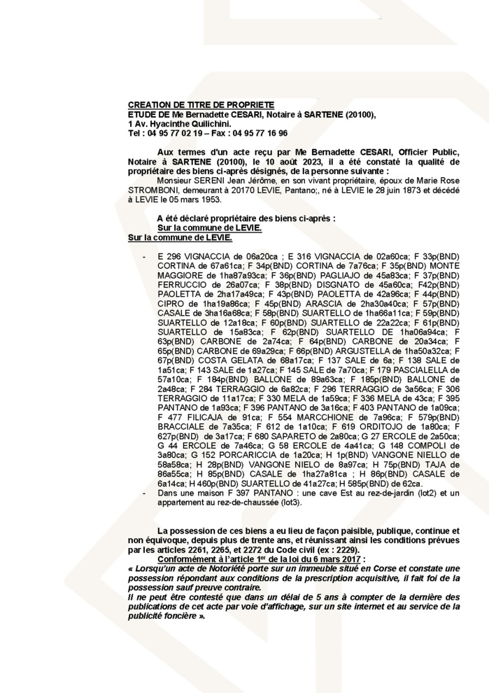Avis de création de titre de propriété - Commune de Livia (Pumonti)