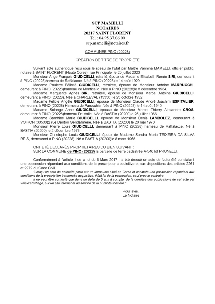 Avis de création de titre de propriété - Commune de Pinu (Cismonte)