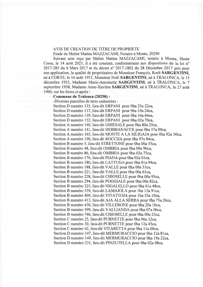 Avis de création de titre de propriété - Commune de Tralonca (Cismonte)