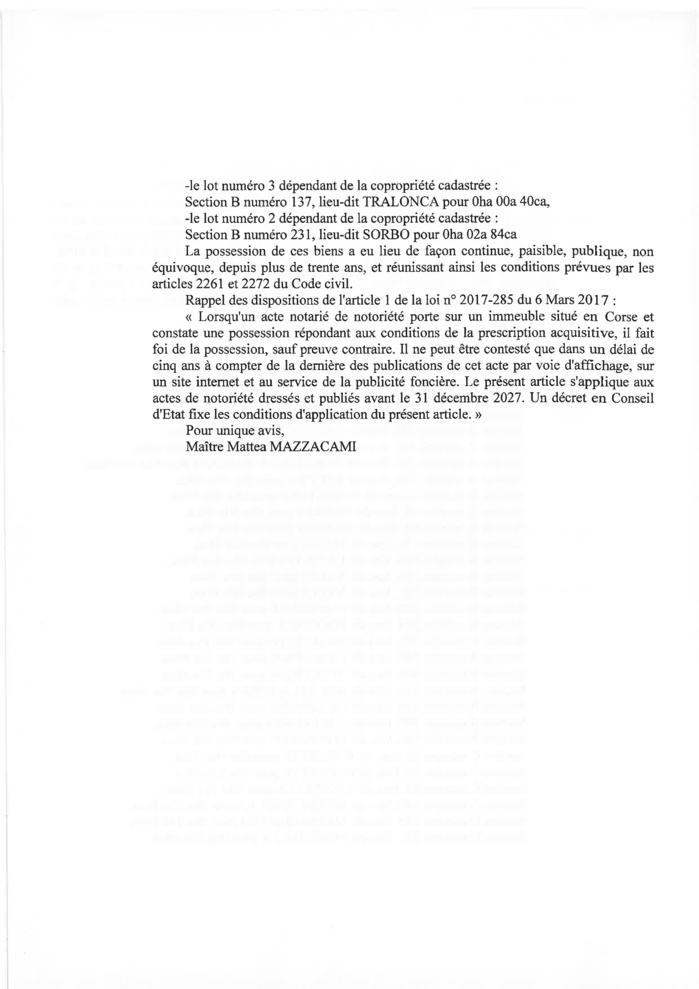 Avis de création de titre de propriété - Commune de Tralonca (Cismonte)