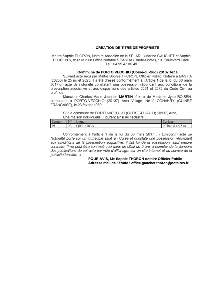 Avis de création de titre de propriété - Commune de Portivechju (Pumonti)