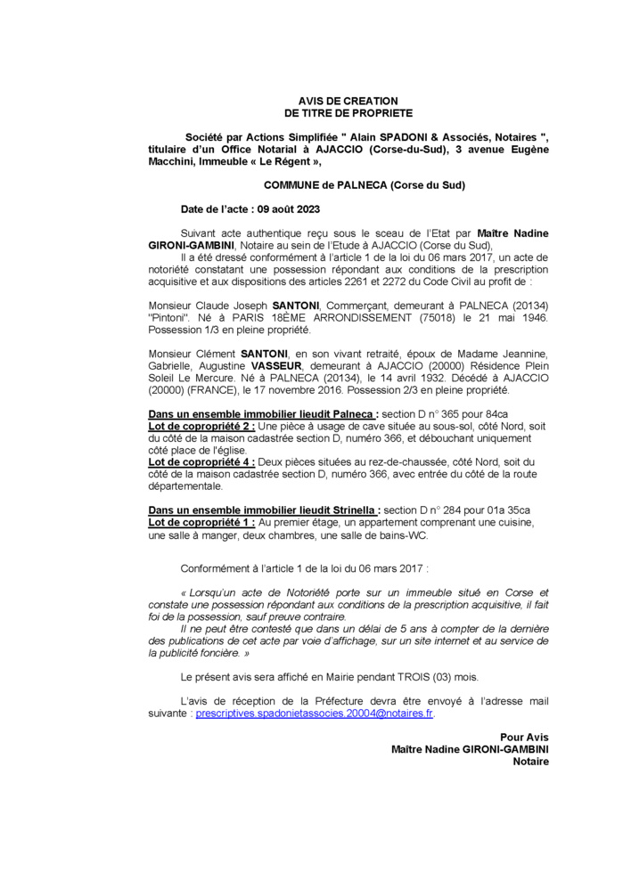 Avis de création de titre de propriété - Commune de Palleca (Pumonti)