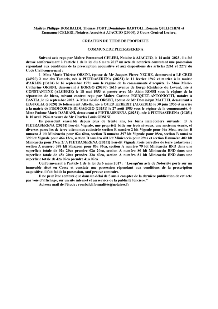 Avis de création de titre de propriété - Commune de Petraserena (Cismonte)