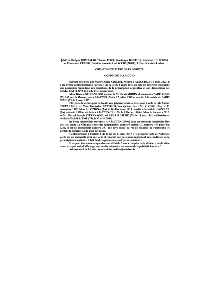 Avis de création de titre de propriété - Commune d'Aiacciu (Pumonti)