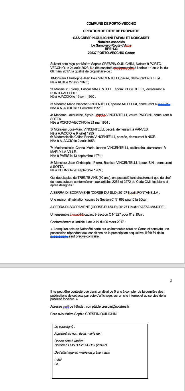 Avis de création de titre de propriété - Commune de Portivechju (Pumonti) Avis de création de titre de propriété - Commune de Portivechju (Pumonti)