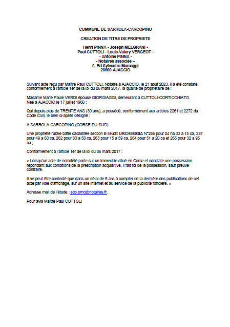 Avis de création de titre de propriété - Commune de Sarrula é Carcupinu (Pumonti) Avis de création de titre de propriété - Commune de Sarrula é Carcupinu (Pumonti)