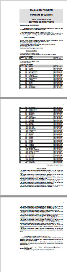 Avis de création de titre de propriété - Commune de Centuri (Cismonte)