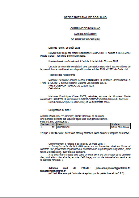 Avis de création de titre de propriété - Commune de Ruglianu (Cismonte) Avis de création de titre de propriété - Commune de Ruglianu (Cismonte)
