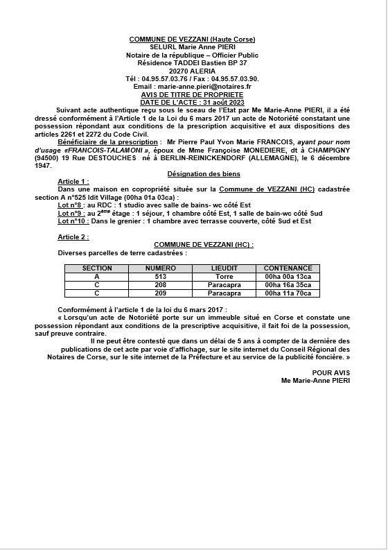 Avis de création de titre de propriété - Commune de Vizzani (Cismonte)