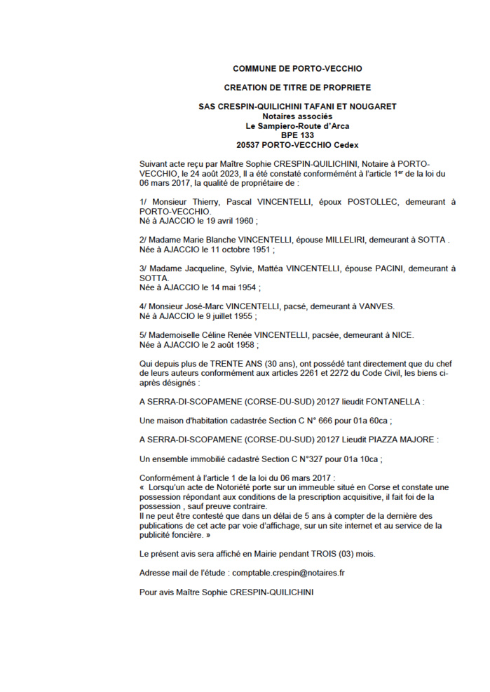 Avis de création de titre de propriété - Commune de Purtivechju (Pumonti)
