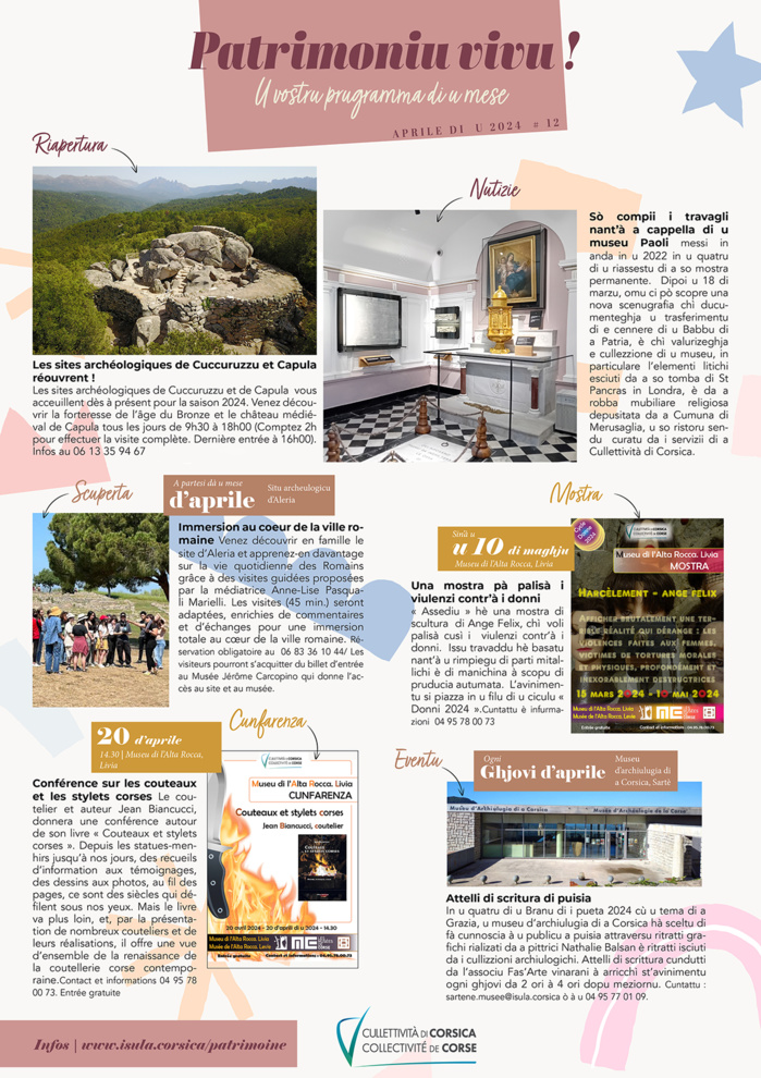 Patrimoniu vivu ! Ritruveti u vosciu prugramma di u mesi d'aprili di u 2024 Patrimoniu vivu ! Ritruveti u vosciu prugramma di u mesi d'aprili di u 2024