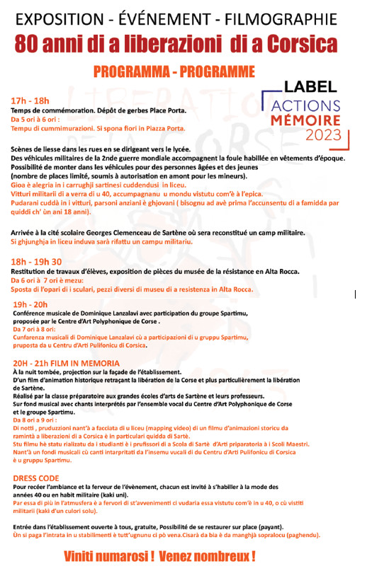 « Ottant’anni di a liberazione di a Corsica » La Collectivité de Corse commémore les 80 ans de la libération de la Corse
