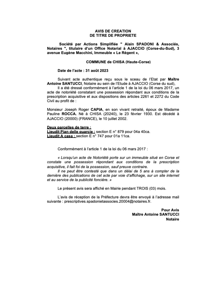 Avis de création de titre de propriété - Commune de Chisà (Cismonte)
