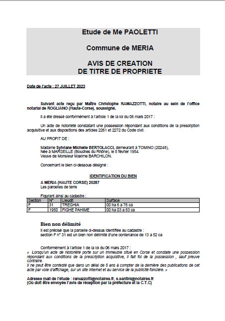 Avis de création de titre de propriété - Commune de Meria  (Cismonte)