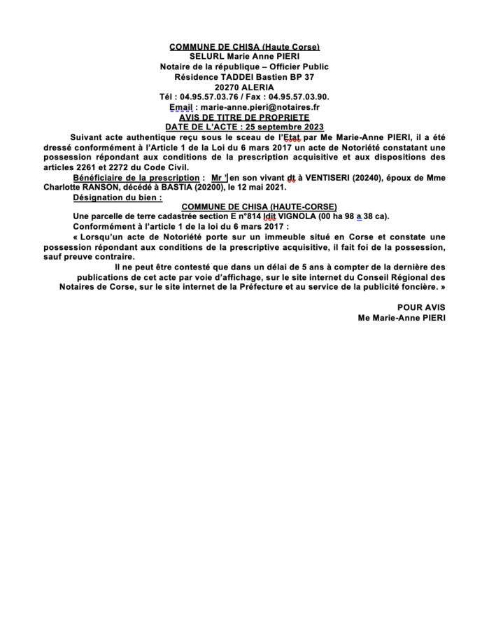 Avis de création de titre de propriété - Commune de Chisa (Cismonte)