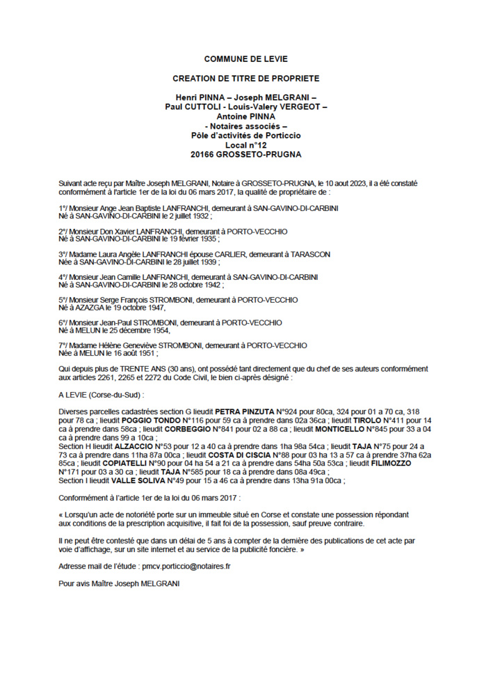  Avis de création de titre de propriété - Commune de Livia  (Pumonti)