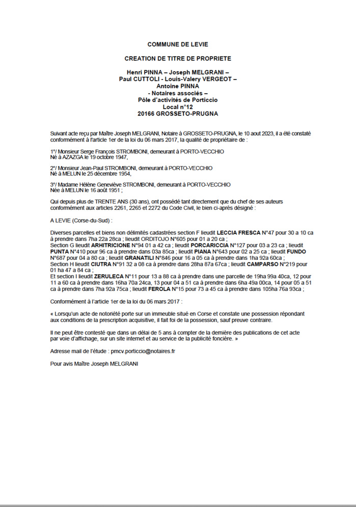 Avis de création de titre de propriété - Commune de Livia  (Pumonti)