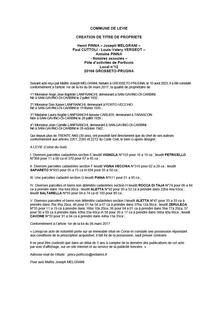 Avis de création de titre de propriété - Commune de Livia  (Pumonti)