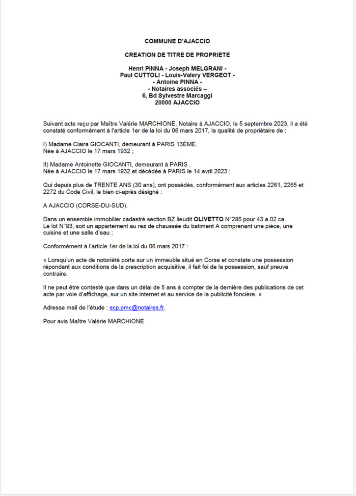 Avis de création de titre de propriété - Commune d'Aiacciu (Pumonti)
