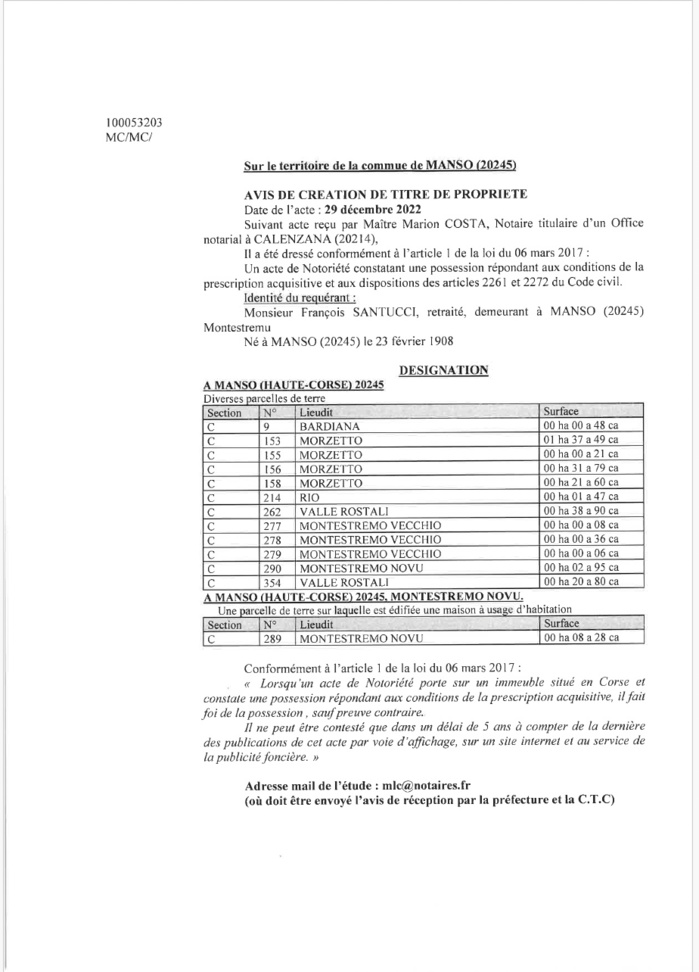 Avis de création de titre de propriété - Commune di U Mansu (Pumonti)