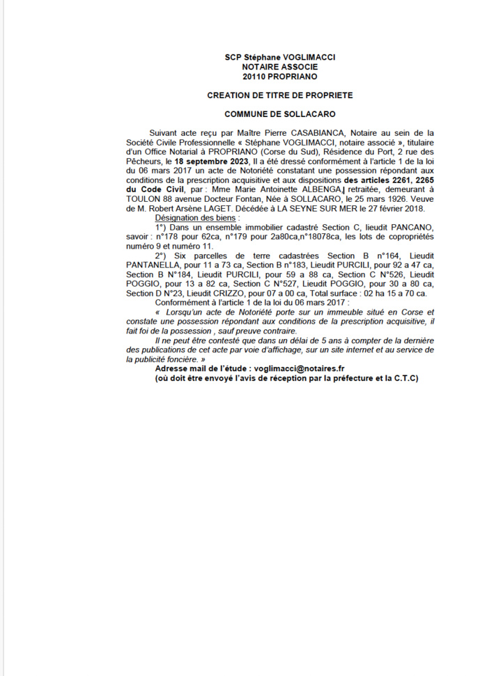  Avis de création de titre de propriété - Commune de Suddacarò (Pumonti)