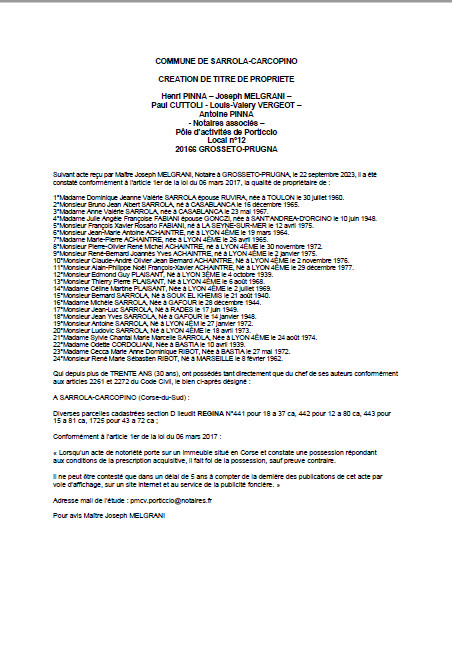 Avis de création de titre de propriété - Commune de Sarrula è Carcupinu (Pumonti) Avis de création de titre de propriété - Commune de Sarrula è Carcupinu (Pumonti)
