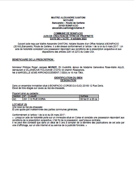 Avis de création de titre de propriété - Commune de Bonifaziu (Pumonti) Avis de création de titre de propriété - Commune de Bonifaziu (Pumonti)