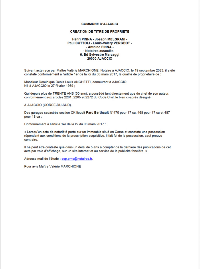 Avis de création de titre de propriété - Commune d'Aiacciu (Pumonti)