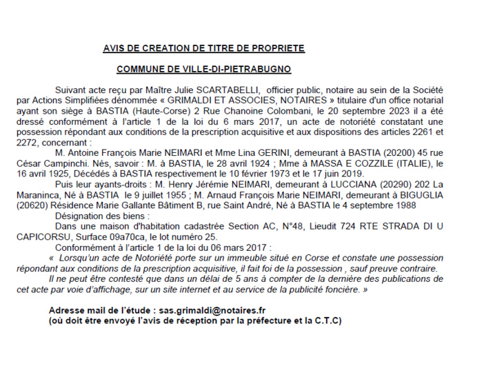 Avis de création de titre de propriété - Commune de Ville di Pietrabugnu (Cismonte)