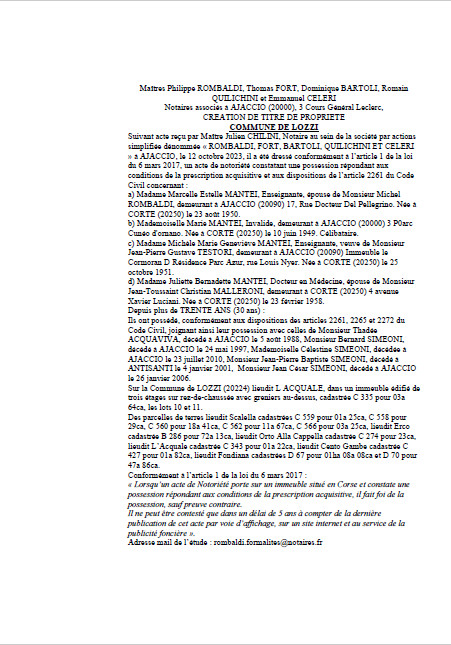 Avis de création de titre de propriété - Commune de Lozzi (Cismonte) Avis de création de titre de propriété - Commune de Lozzi (Cismonte)