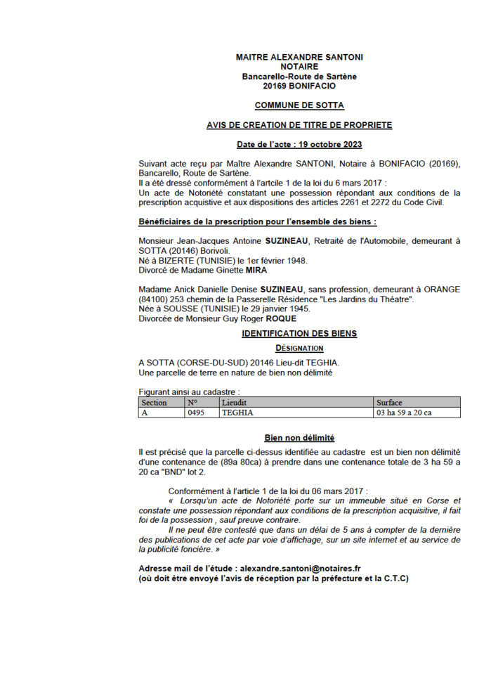Avis de création de titre de propriété - Commune de Sotta (Pumonti)