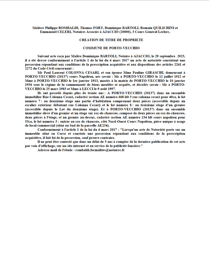 Avis de création de titre de propriété - Commune de Portivechju (Pumonti)