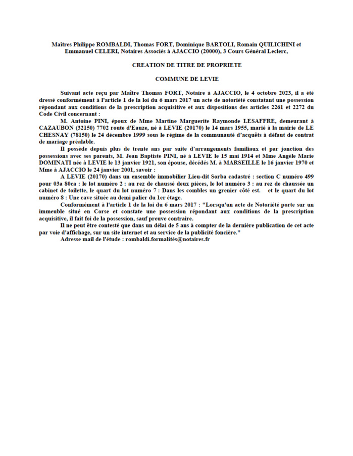  Avis de création de titre de propriété - Commune de Livia (Pumonti)