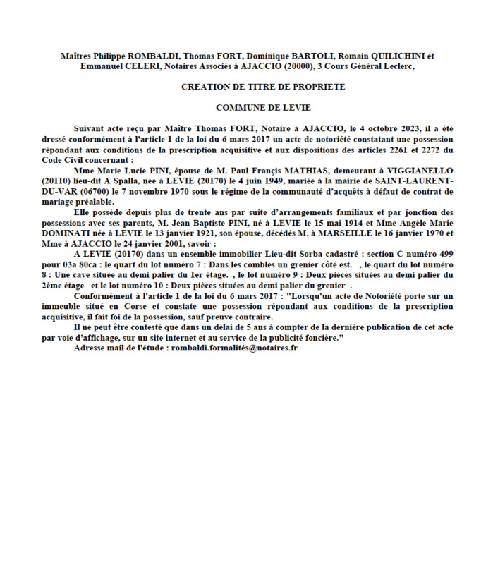 Avis de création de titre de propriété - Commune de Livia (Pumonti) Avis de création de titre de propriété - Commune de Livia (Pumonti)
